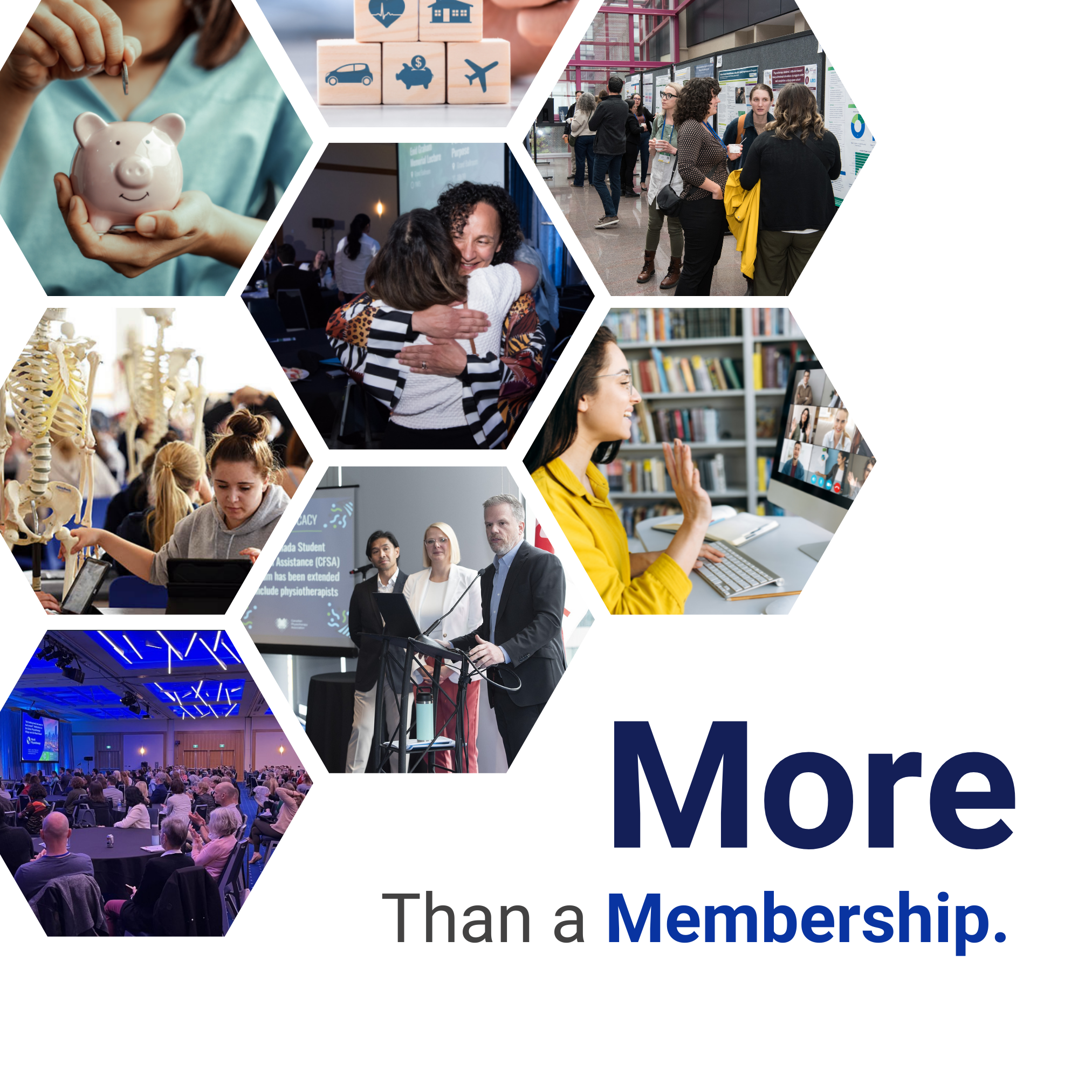 A honeycomb collage of 8 pictures that represent advocacy, professional development and member benefits with the words 